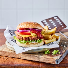 Hamburguesa de NoTernera con patatas rústicas Hamburguesa de NoTernera con patatas rústicas